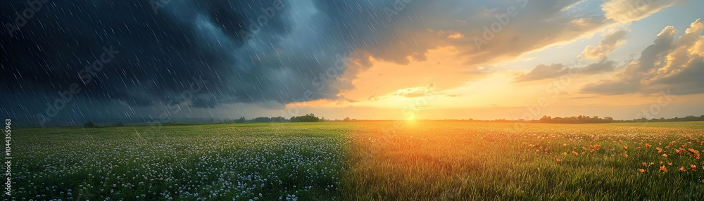 Sunset and Rain Over Meadow - Realistic Landscape Photo Sunset and Rain Over Meadow - Realistic Landscape Photo