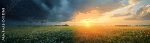 Sunset and Rain Over Meadow - Realistic Landscape Photo