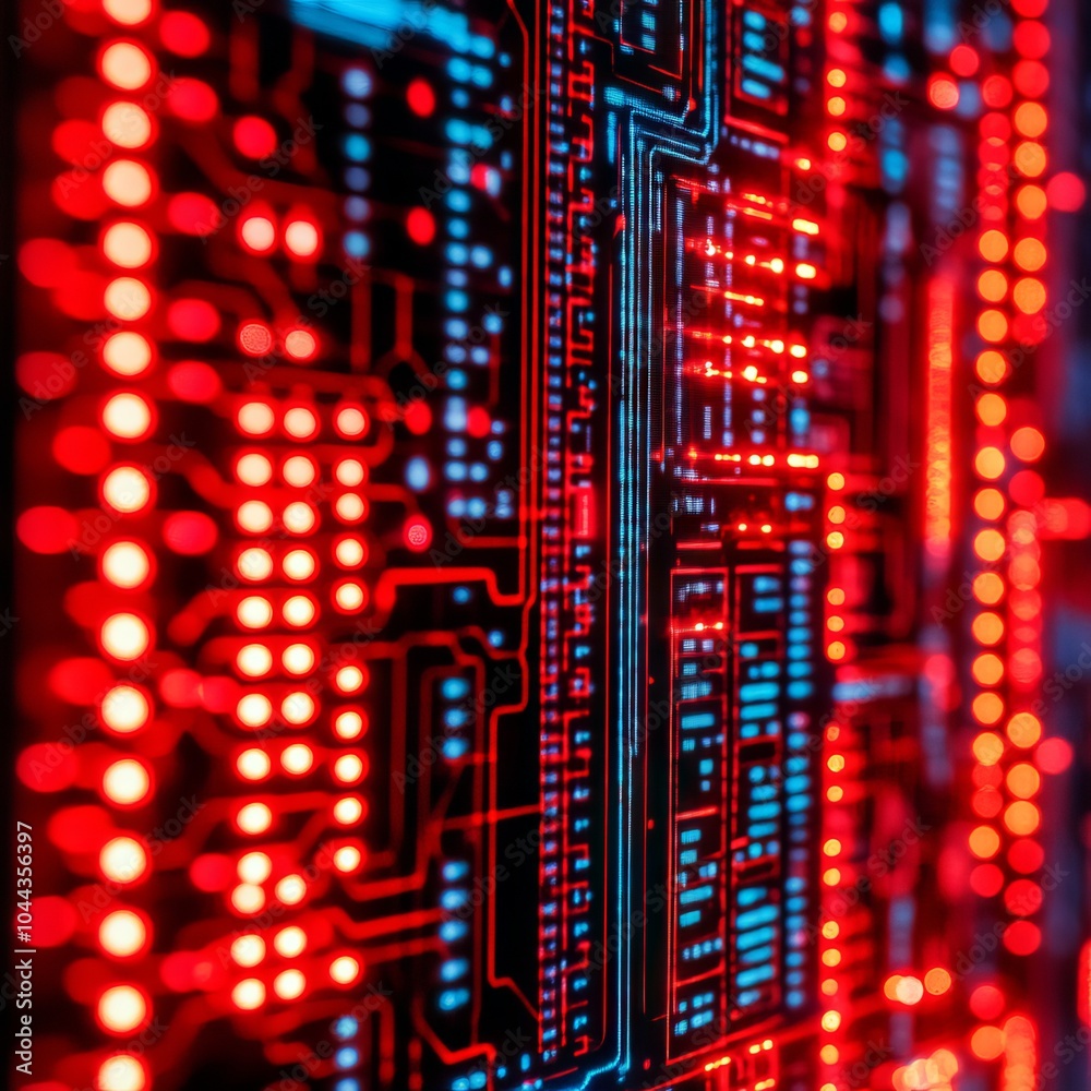 Obraz premium A close-up of a circuit board illuminated with red and blue lights.