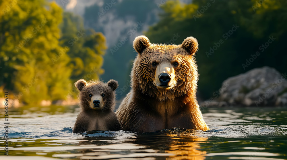 Obraz premium Mother and Cub Brown Bear in Water Photo