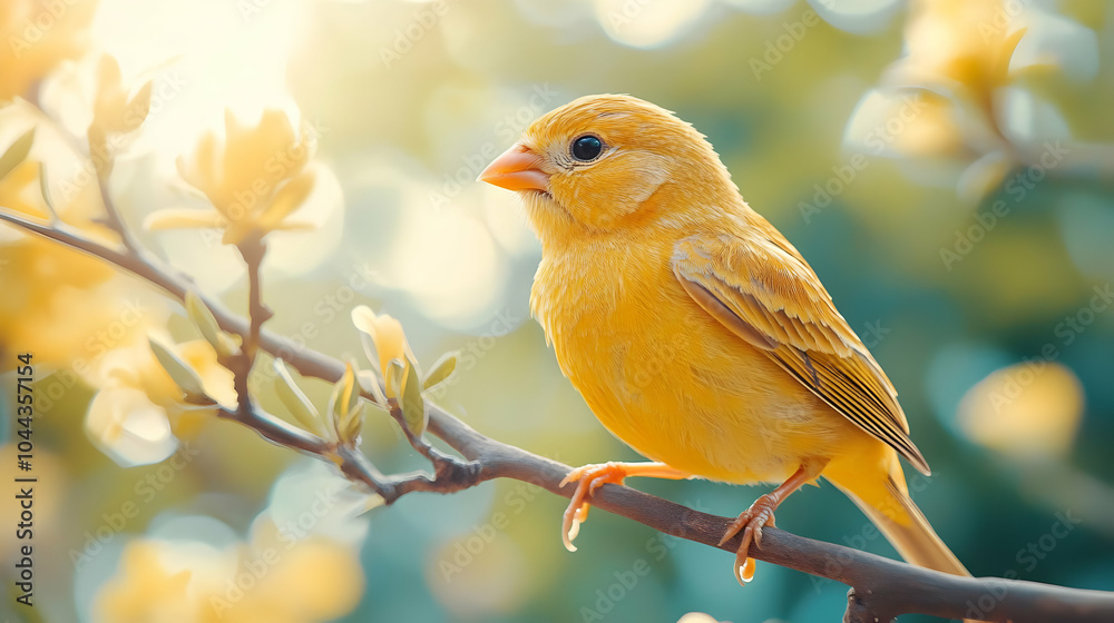 Illustration of Yellow Canary Perched on Branch with Yellow Flowers Illustration of Yellow Canary Perched on Branch with Yellow Flowers