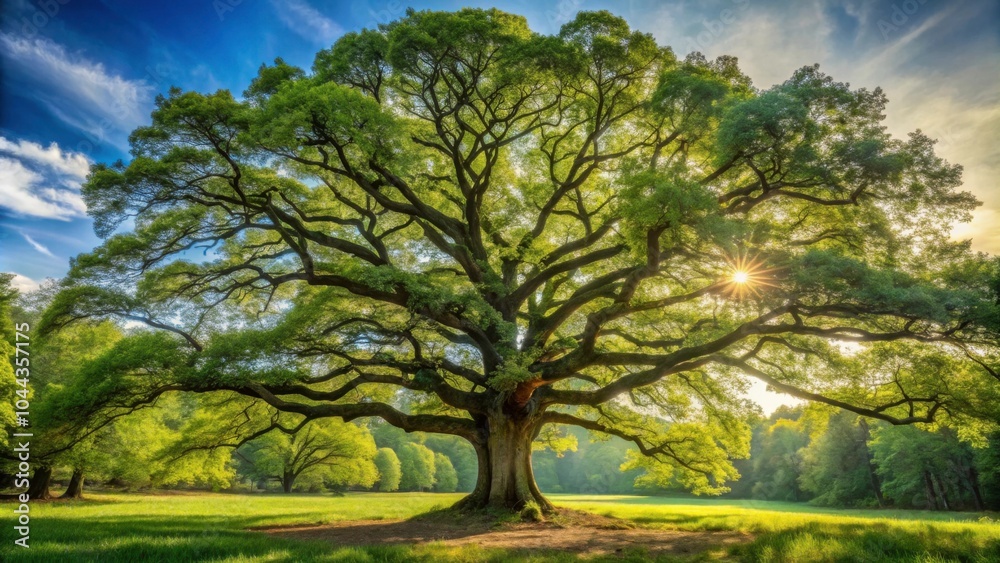 Fototapeta premium Tall and majestic oak tree standing strong in a forest, nature, green, leaves, trunk, branches, wood, texture, growth