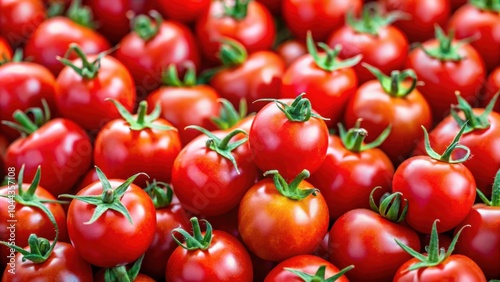 Zoomed in view of fresh ripe cherry tomatoes, showcasing their vibrant red color and glossy texture , produce, food, vegetables photo