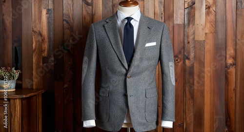 Grey tweed blazer with notch lapels and elbow patches display on aesthethic wood wall background