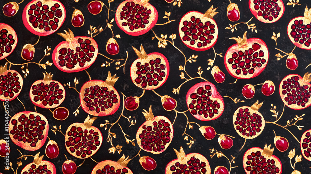 pomegranate halves and seeds in a luxurious, rich pattern pomegranate halves and seeds in a luxurious, rich pattern