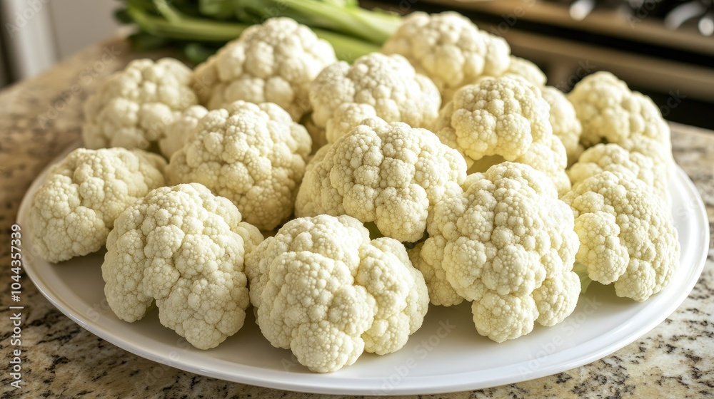 Freshly cut cauliflower florets arranged neatly on a white plate, ready for roasting. Freshly cut cauliflower florets arranged neatly on a white plate, ready for roasting.