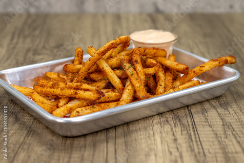 Bilde på lerret Crispy order of cajun seasoned french fries on a tray with hot mustard dipping s