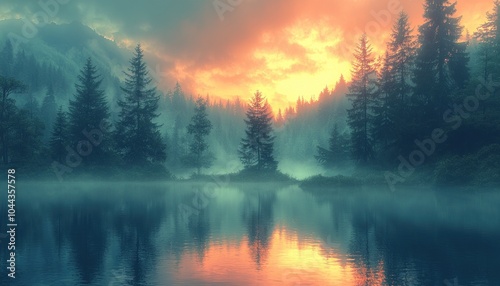 Misty Sunrise Over a Forest Lake with Mountain Silhouettes