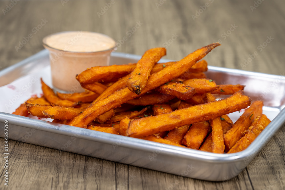Crispy order of sweet potato french fries on a tray with hot mustard dipping sauce Crispy order of sweet potato french fries on a tray with hot mustard dipping sauce