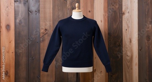 Navy knit sweater with crew neck and ribbed hem display on aesthethic wood wall background