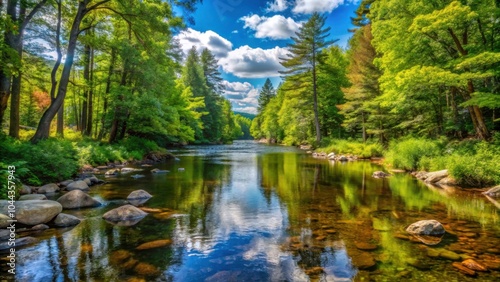 Idyllic tree-covered stream with leaning trees in Unity Maine , nature, landscape, scenic, tranquil, peaceful, idyllic, Unity Maine
