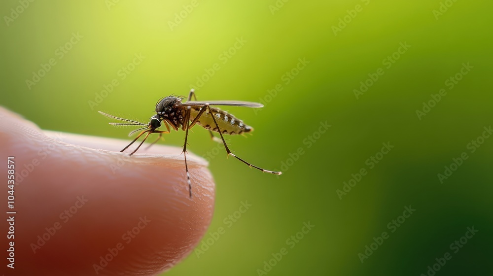 A close-up of a mosquito perched on a human finger against a blurred green background. A close-up of a mosquito perched on a human finger against a blurred green background.