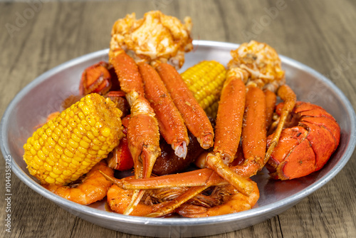 Wallpaper Mural Seafood feast on a silver tray with lobster, snow crab legs, corn, and shrimp for a delicious meal Torontodigital.ca