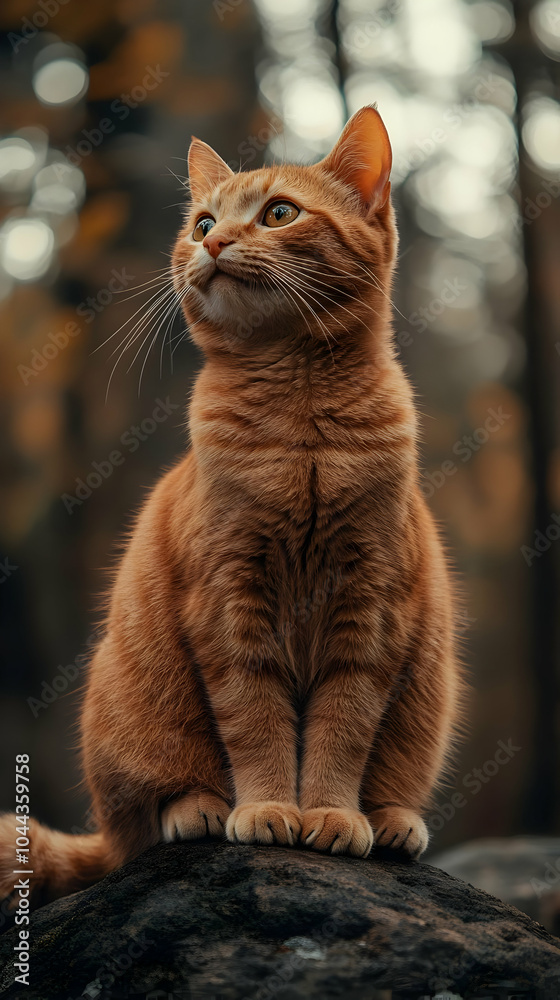 Curious Ginger Cat Photo - Sitting on Rock in Forest Curious Ginger Cat Photo - Sitting on Rock in Forest