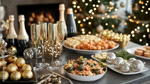 A beautifully decorated New Year's Eve buffet table, filled with gourmet appetizers, champagne glasses, and festive decorations in gold and silver.