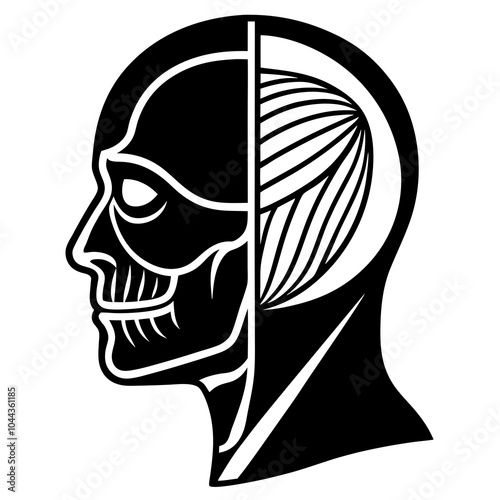 a human, divided into layers representing the skull, muscles, and brain silhouette vector