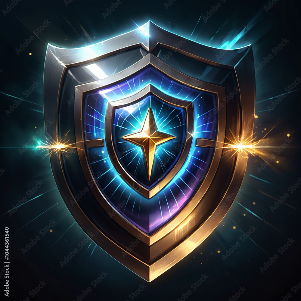 Fototapeta premium A 3D rendering of a shield with a glowing star in the center. The shield is metallic, with a golden trim. It is set against a dark blue background.