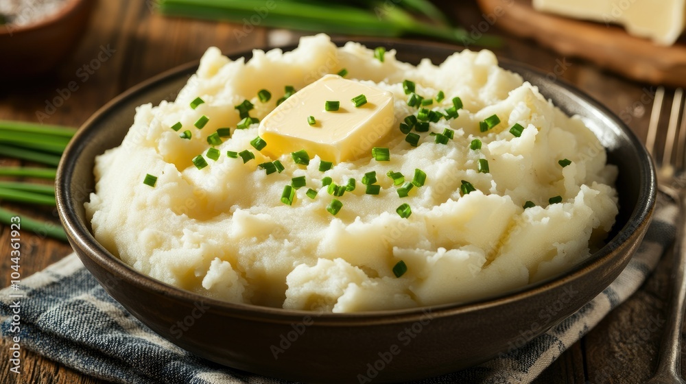 A bowl of creamy mashed potatoes, topped with a generous pat of butter and chives. A bowl of creamy mashed potatoes, topped with a generous pat of butter and chives.