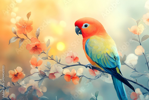 Colorful Parrot Illustration Perched on Flowering Branch