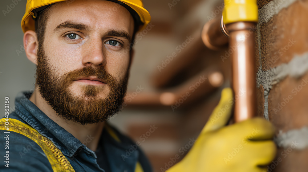 A focused male plumber wearing a safety helmet and gloves, working on copper pipes in a construction setting. Detail-oriented craftsmanship.