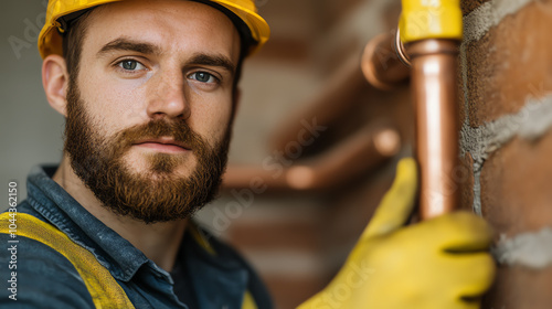 Obraz na płótnie A focused male plumber wearing a safety helmet and gloves, working on copper pipes in a construction setting. Detail-oriented craftsmanship. w salonie
