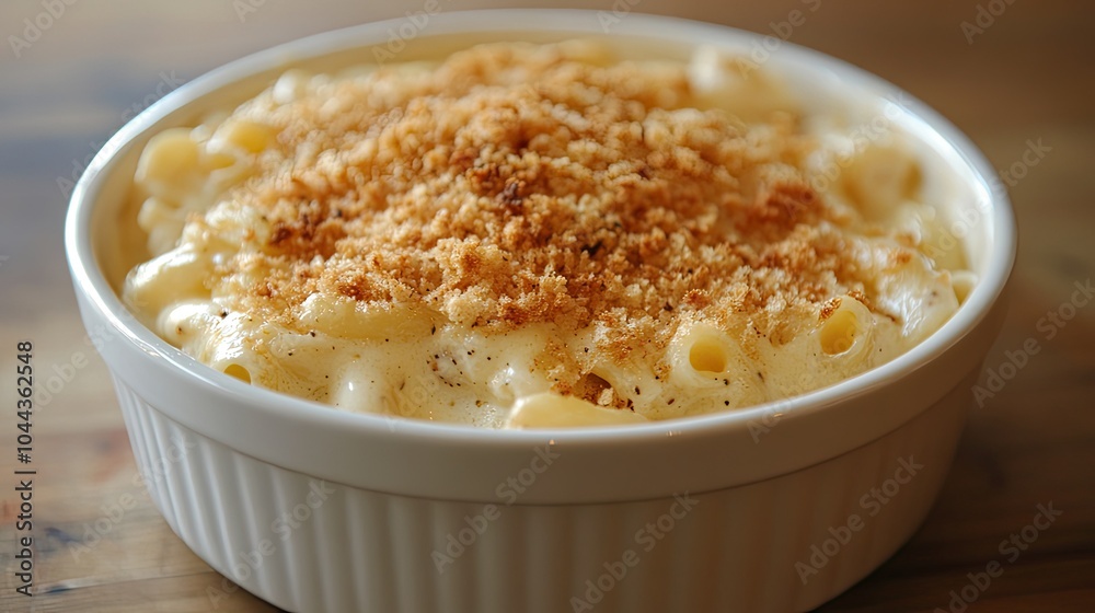 A bowl of warm, creamy mac and cheese with a crispy breadcrumb topping. A bowl of warm, creamy mac and cheese with a crispy breadcrumb topping.