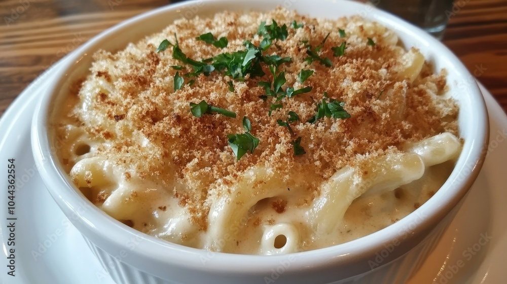 A bowl of warm, creamy mac and cheese with a crispy breadcrumb topping.