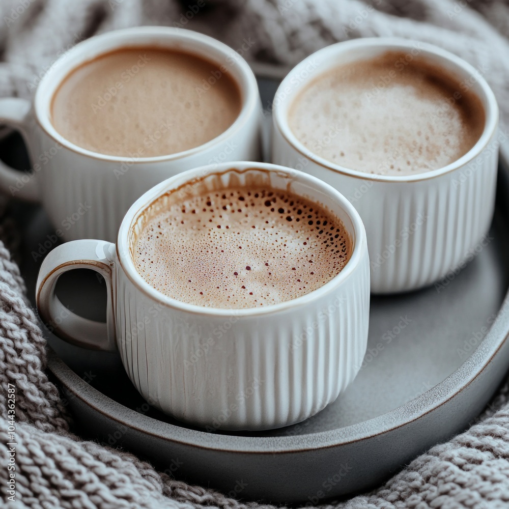 Three cups of coffee on a tray with a cozy knitted background. Three cups of coffee on a tray with a cozy knitted background.