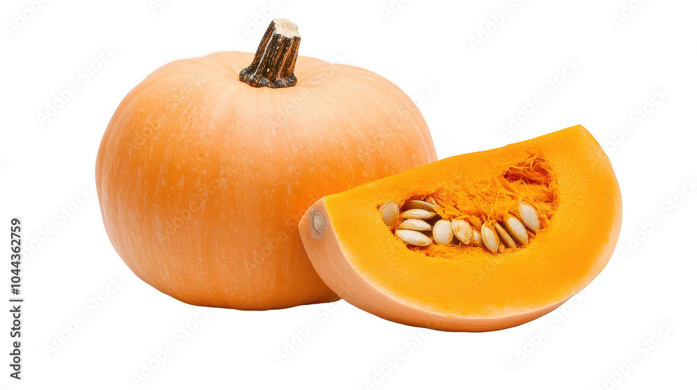 Fresh whole pumpkin and slice with seeds isolated on black background - autumn harvest concept Fresh whole pumpkin and slice with seeds isolated on black background - autumn harvest concept