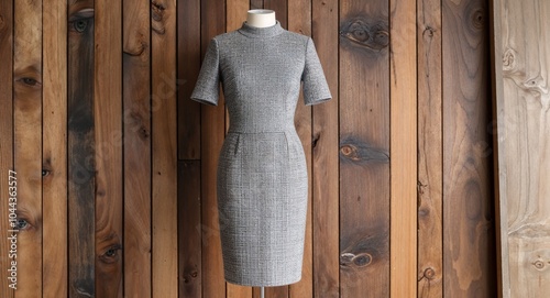 Light grey tweed pencil dress with high neckline and short sleeves display on aesthethic wood wall background photo