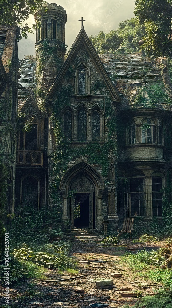 Overgrown Gothic Mansion: A Haunting View Overgrown Gothic Mansion: A Haunting View
