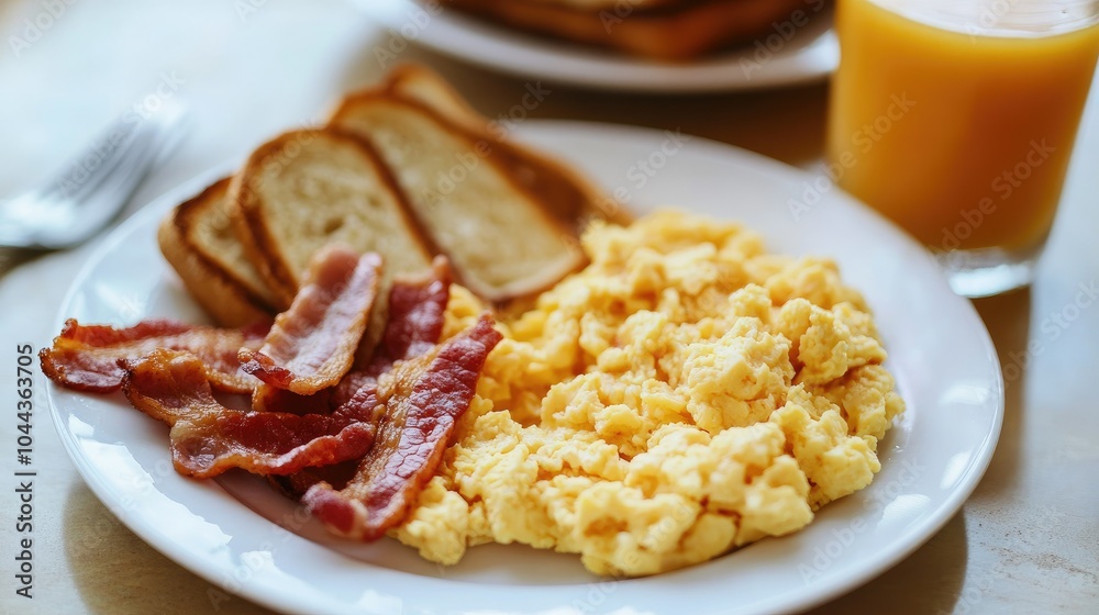 A classic American breakfast with fluffy scrambled eggs, crispy bacon, and buttered toast served with a glass of orange juice.
