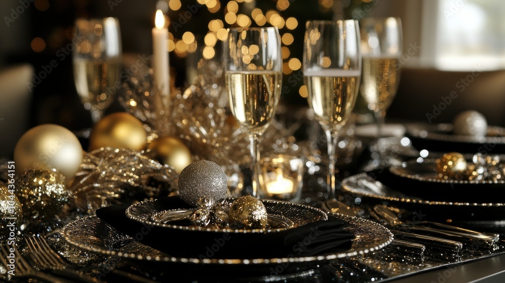A close-up of a festive table set for New Year's Eve dinner, with champagne flutes, candles, and a centerpiece made of gold and silver decorations. A close-up of a festive table set for New Year's Eve dinner, with champagne flutes, candles, and a centerpiece made of gold and silver decorations.