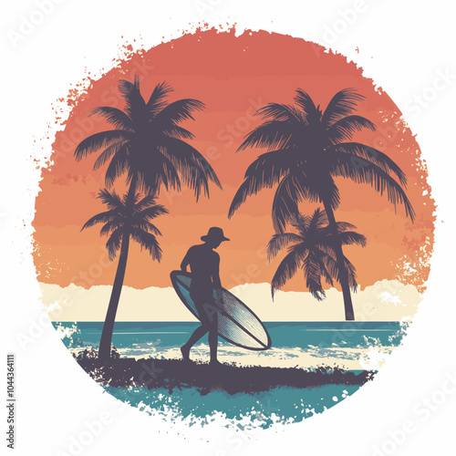 surfer on the beach vintage vector illustration