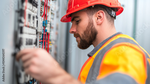 An electrical engineer in a safety helmet and reflective vest works diligently on a control panel, ensuring proper functionality and safety.