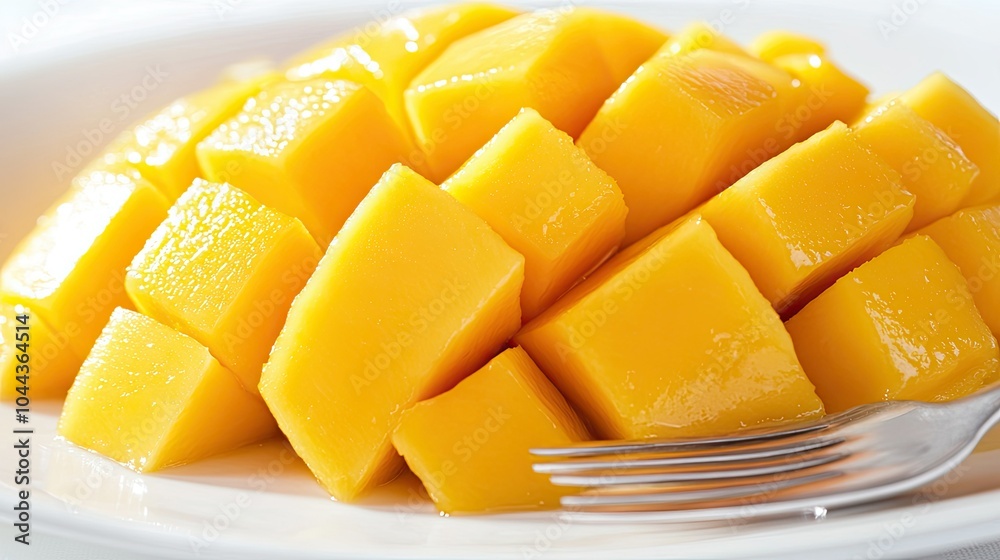 A close-up of a perfectly ripe mango, sliced into cubes and served on a white plate with a fork. A close-up of a perfectly ripe mango, sliced into cubes and served on a white plate with a fork.