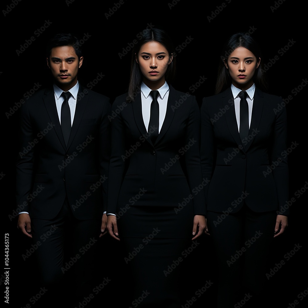 Three individuals in formal black suits against a dark background. Three individuals in formal black suits against a dark background.