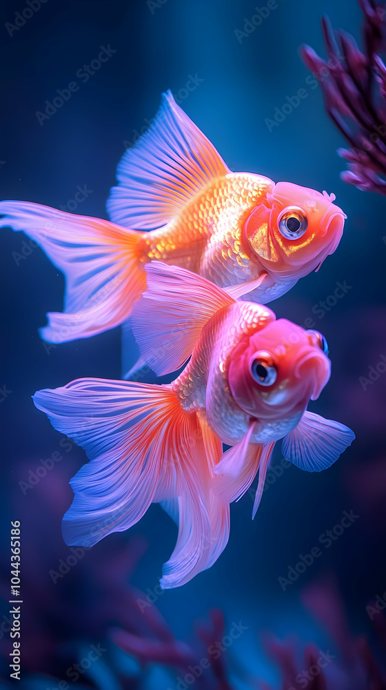 Two Goldfish Illustration, Elegant Fins, Deep Blue Background Two Goldfish Illustration, Elegant Fins, Deep Blue Background