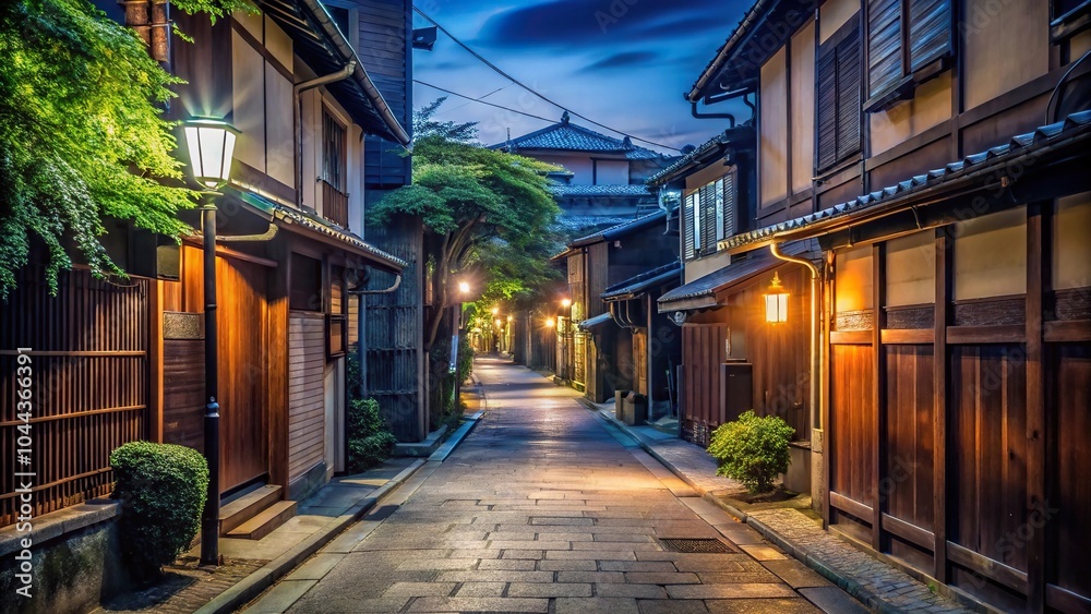 Fototapeta premium Quiet street in residential Kyoto neighborhood at night