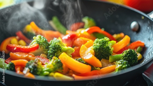 A colorful vegetable stir-fry with carrots, bell peppers, and broccoli being cooked in a frying pan.