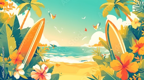 A sun-soaked tropical island with coconuts, tropical birds, and surfboards framing a blank middle, perfect for a vacation-themed design. photo