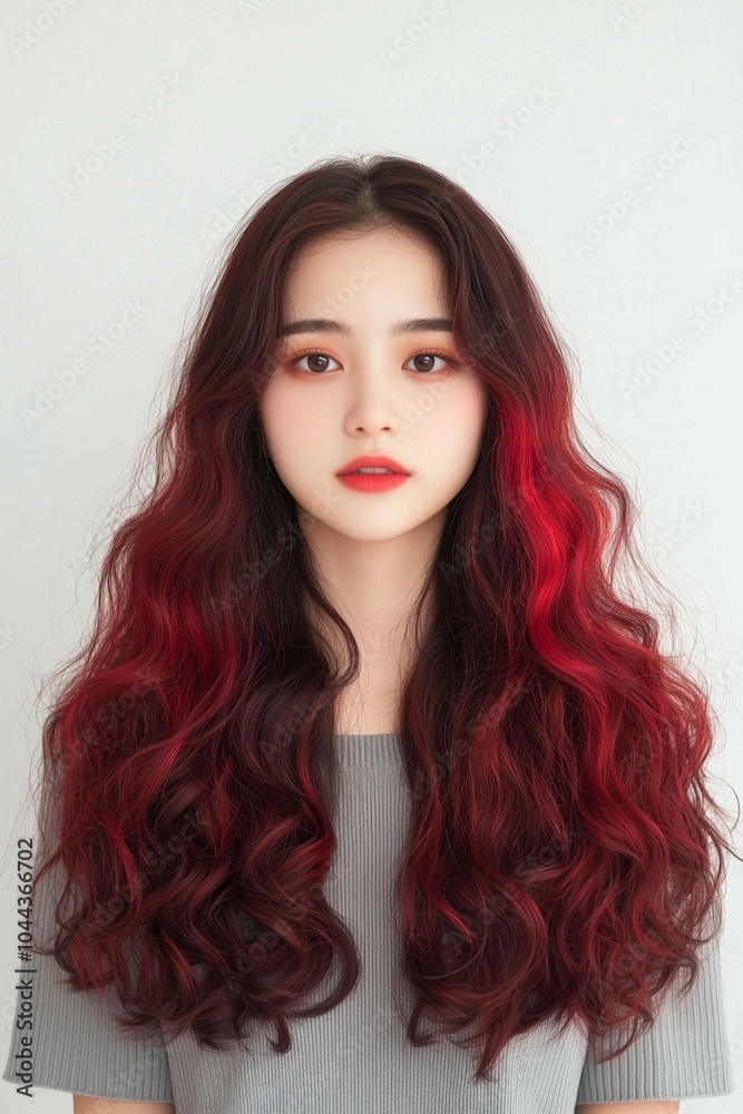 Naklejka premium Wavy Long Brown Hair with Red Ombre Highlights in a Soft Style, Portrait of a Woman