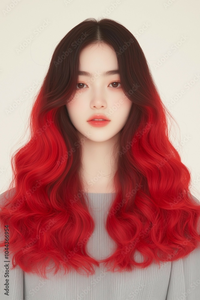 Naklejka premium Wavy Long Brown Hair with Red Ombre Highlights in a Soft Style, Portrait of a Woman