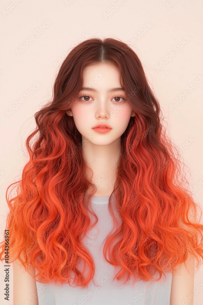 Naklejka premium Wavy Long Brown Hair with Red Ombre Highlights in a Soft Style, Portrait of a Woman