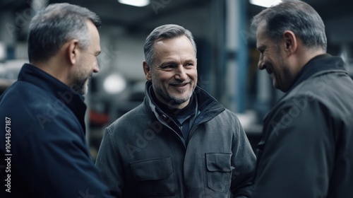 Three Men Chatting in an Industrial Setting