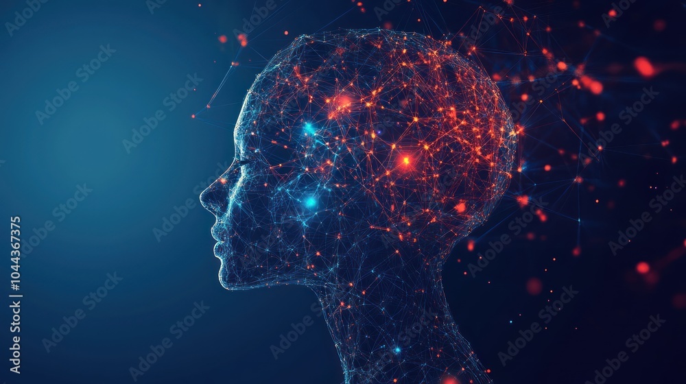 A digital representation of a human profile filled with interconnected nodes and lights. A digital representation of a human profile filled with interconnected nodes and lights.