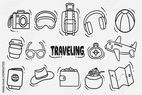set of travel doodles good for background, icons, wallpaper, symbols, element design, etc