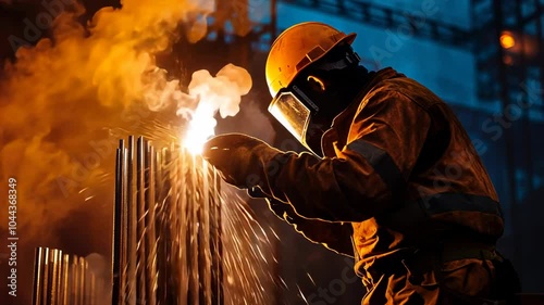 Welder working on metal construction, welding, construction worker, steel, industry, hard hat