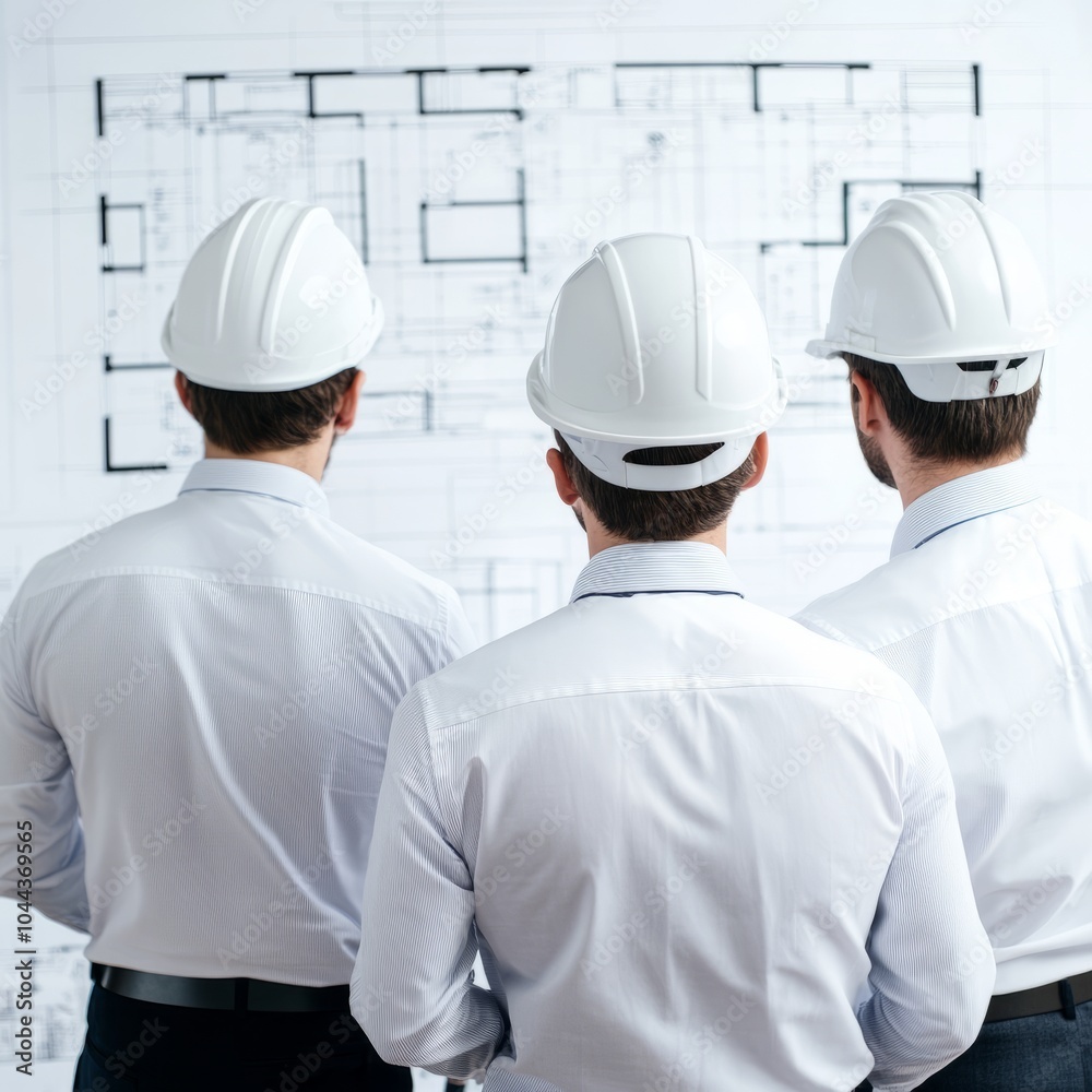 Three individuals in hard hats observing architectural plans. Three individuals in hard hats observing architectural plans.