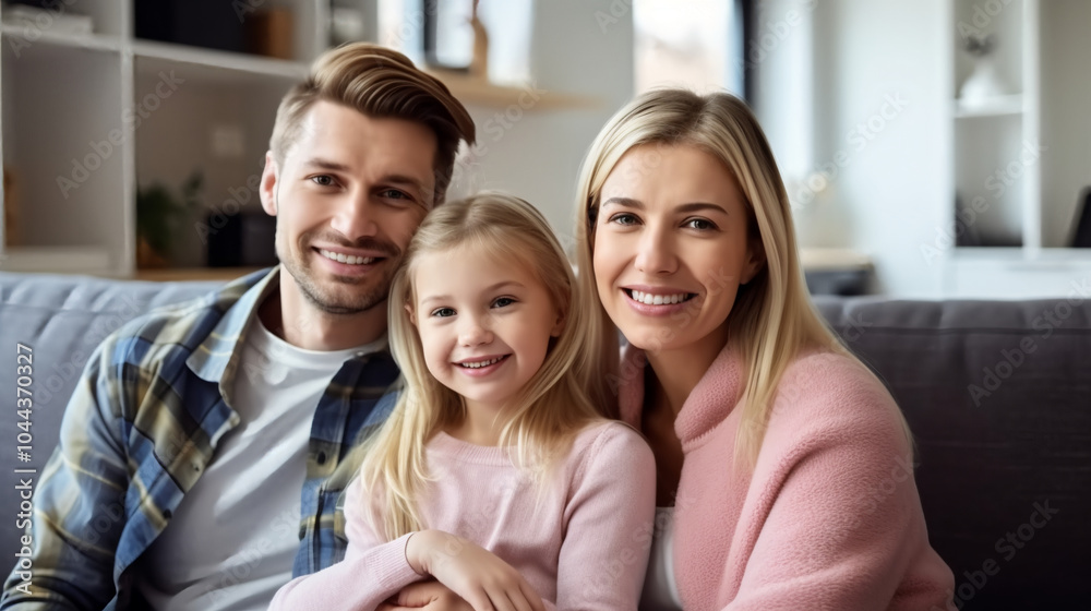 A happy family of three sitting on the sofa in their modern apartment. A happy family of three sitting on the sofa in their modern apartment.